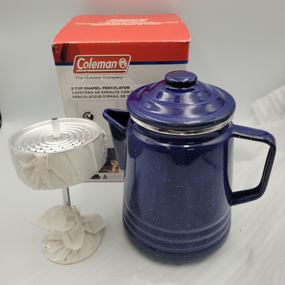 Coleman 9 cup Blue Enamelware Coffee Pot Percolator Camping RV - New in Box